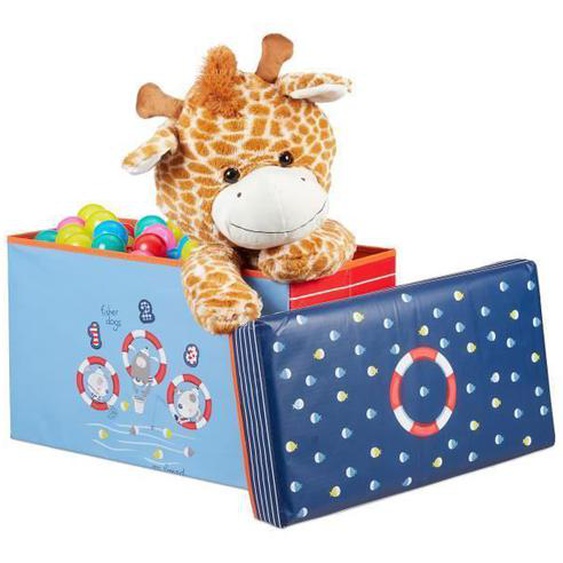 Relaxdays Tabouret Coffre à jouets boîte à jouets couvercle pouf enfant pliable rangement fille garçon ocean 50L, bleu