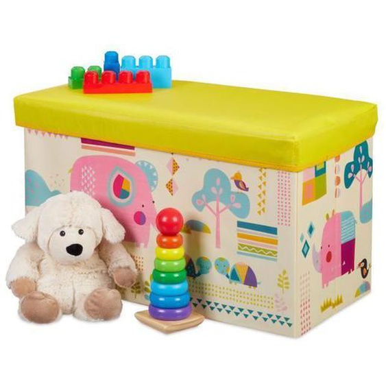 Relaxdays Tabouret Coffre à jouets boîte à jouets couvercle pouf enfant pliable rangement fille garçon animal 50L, jaune