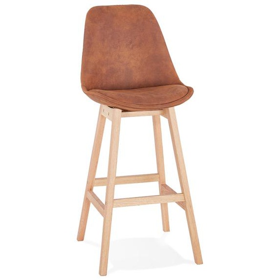 Tabouret de bar ASPEN en microfibre brune et pieds en bois finition naturelle