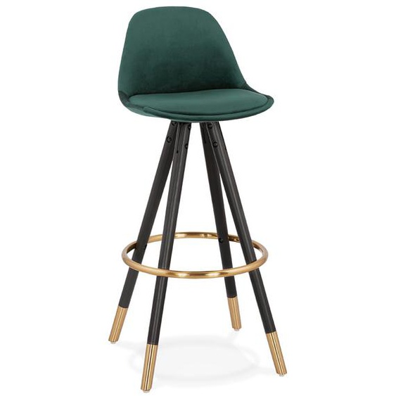 Tabouret de bar design CHICAGO en velours vert et 4 pieds en bois noir