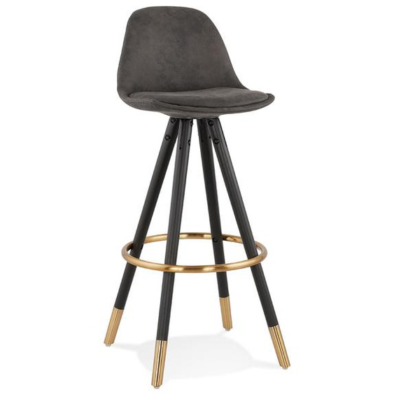 Tabouret de bar design KONG en microfibre grise et pieds en bois noir