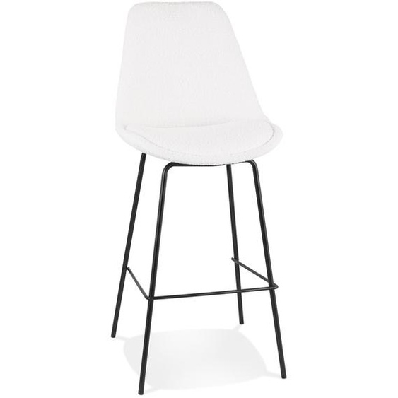 Tabouret de bar LEONIE en tissu bouloché blanc et pied en métal noir