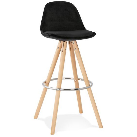 Tabouret de bar SPIRIT en velours noir et pieds en bois naturel