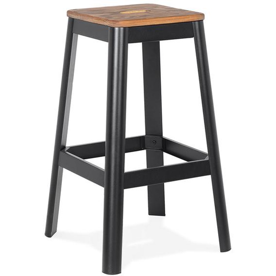 Tabouret haut style industriel LIDYA avec structure en métal noir et assise en bois