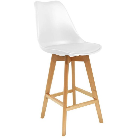 Tabouret haut Thelma coque PVC avec coussin rembourré - Blanc - Pieds bois