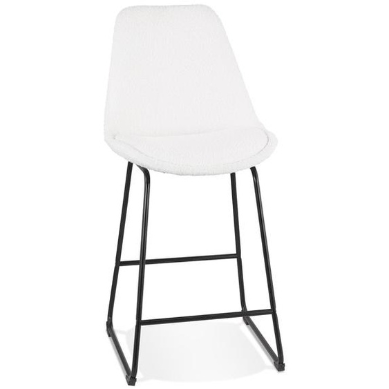 Tabouret snack mi-hauteur ALICE MINI en tissu bouloché blanc et pied traineau en métal noir