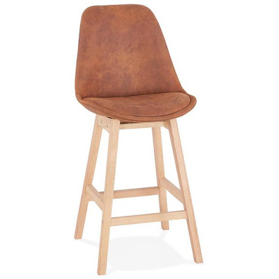 Tabouret snack mi-hauteur ASPEN MINI en microfibre brune et pieds en bois finition naturelle