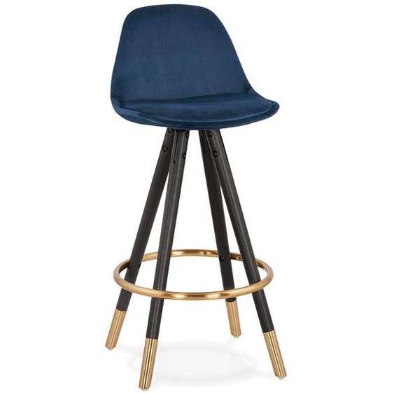 Tabouret snack mi-hauteur design CHICAGO MINI en velours bleu et 4 pieds en bois noir