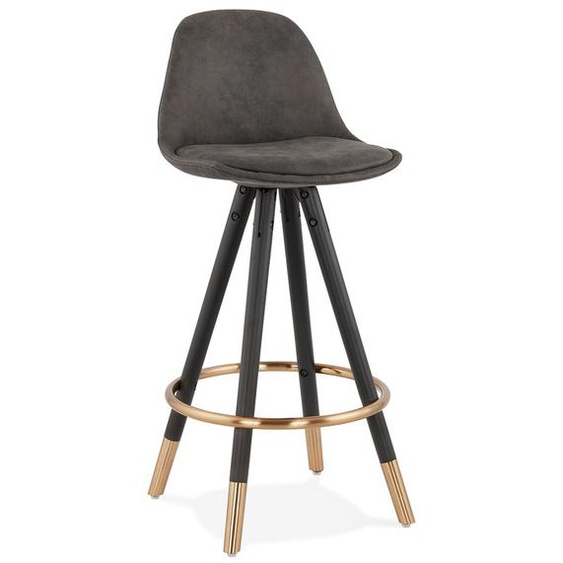 Tabouret snack mi-hauteur design KONG MINI en microfibre grise et pieds en bois noir