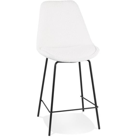 Tabouret snack mi-hauteur LEONIE MINI en tissu bouloché blanc et pied en métal noir