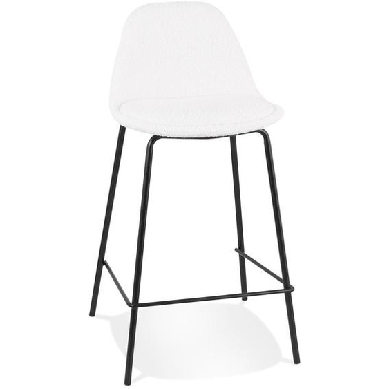 Tabouret snack mi-hauteur PLUMAR MINI en tissu bouclé blanc et pied en métal noir