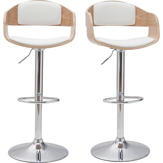 Tabourets de bar design réglables en polyuréthane blanc et bois clair (lot de 2) EUSTACHE