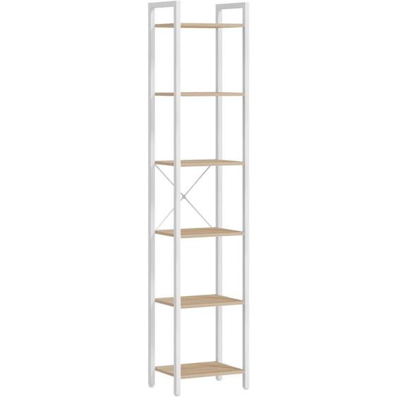 Tagère 6 Niveaux, Bibliothèque, Meuble de Rangement, pour Bureau, Salon, Chambre, 30 x 40 x 187,5 cm, Style Industriel, Beige Naturel et Blanc Mat