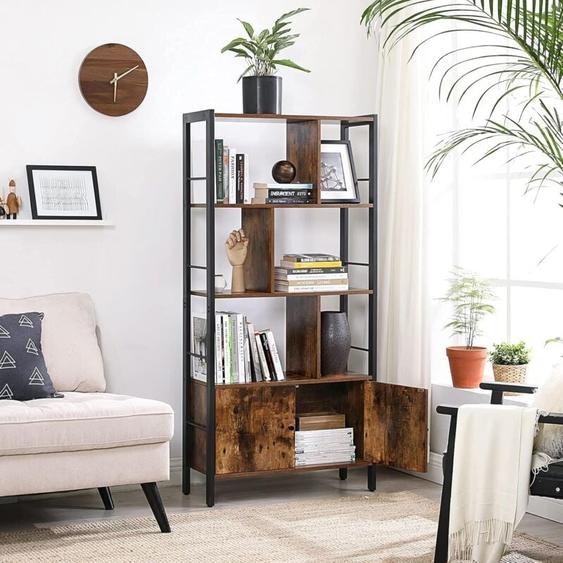 Tagère à 4 niveaux Vasagle Bibliothèque - Meuble de rangement - Placard avec portes - Grand - Cadre en acier - Pour salon, bureau, chambre - Style