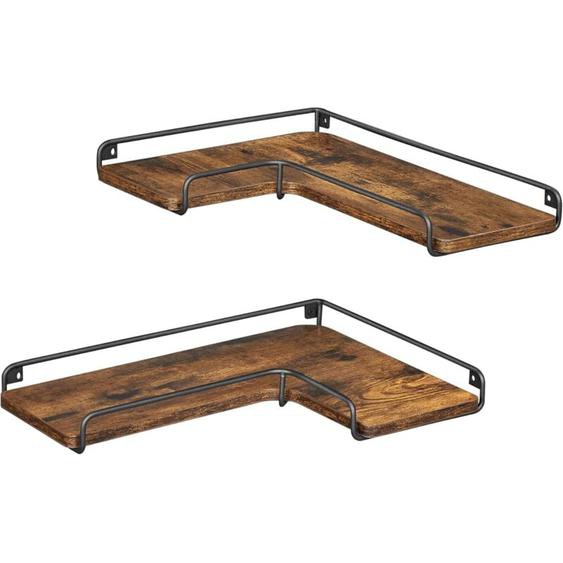 Tagère Murale en Forme de l, Lot de 2, Étagère dAngle Suspendue, Tablette Flottante, Style Industriel, pour Salon, Chambre, Cuisine, Marron Rustique