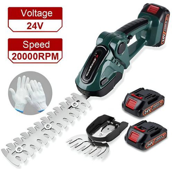 Taille-haie électrique 2 en 1, 21V longueur de coupe 220 mm, Largeur de coupe 60mm,Avec 2 batteries et chargeur - vert