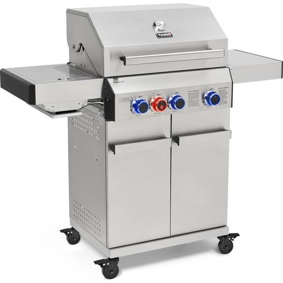 TAINO PLATINUM 3+1 Barbecue à gaz complet en acier inoxydable 3 brûleurs argenté Chariot BBQ Griller Allumage piézoélectrique Réchaud latéral Grilles en fonte