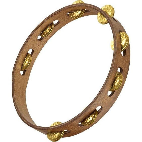 Tambourin vintage en bois, diamètre 25 cm, couleur noyer, avec une rangée de lames