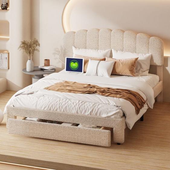 Tanant - Lit avec tiroir double 140x200cm, avec 1 tiroir, grand rangement, sommier à lattes, Tête de lit réglable en hauteur, lit adulte scandinave,