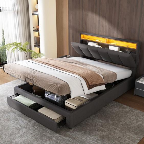 Lit coffre 140x200cm, avec tête de lit, lit à fonction hydraulique, sommier à lattes, 1tiroirs, avec éclairage led, lit adulte style contemporain,
