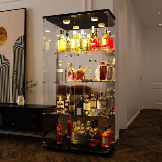 Tanant - Vitrine en verre avec 4 étagères avec éclairage led, bibliothèque en verre autoportante noire à double porte pour salon, chambre à coucher,