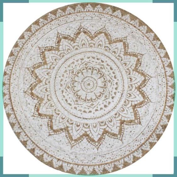 Tapis - ASHATA - Tapis Jute Tressé Rond 90 cm - Naturel avec Impression Mandala - Style Scandinave - Durable