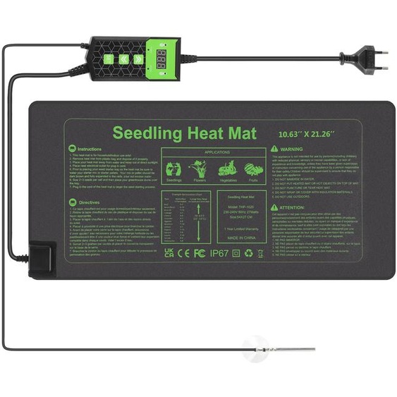 Tapis chauffant pour plantes Eikuavons, dimensions 55 x 27 cm, 27W, avec thermostat (5–45 °C), minuterie et indice de protection IP67
