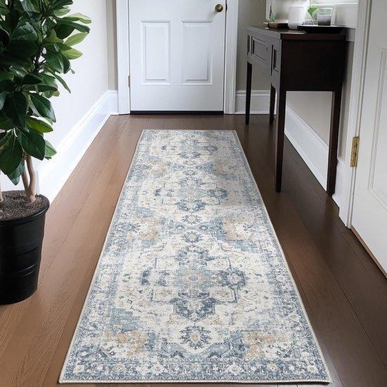 Tapis de couloir, 60 x 210 cm, bleu, lavable, pliable, à poils courts, tapis de cuisine de style oriental