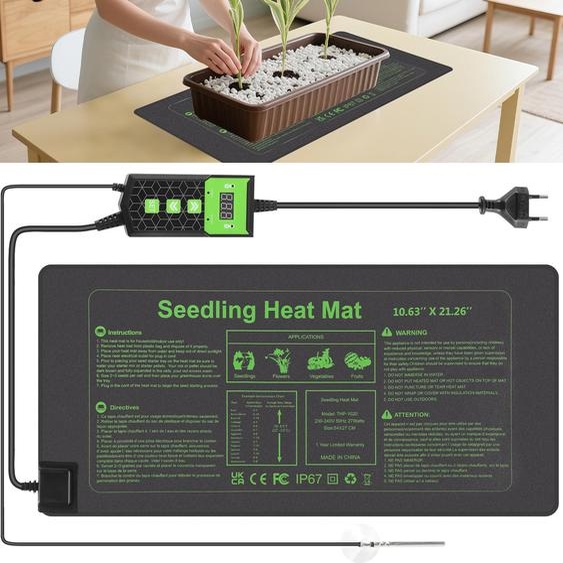 Tapis de germination Eikuavons, dimensions 55 x 27 cm, avec thermostat et capteur de température, 27W, indice de protection IP67
