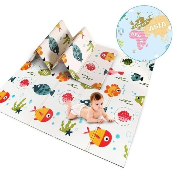 Tapis de Jeu bébé Poissons+Carte 200x180x1cm,Tapis deveil Enfant Pliable Double Face Impermeable à leau Materiau XPE Non Toxique