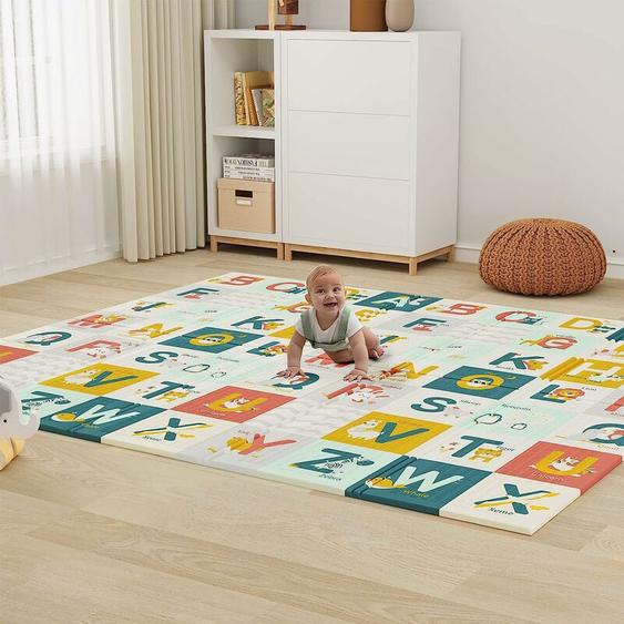 Tapis de Jeu Bébé Réversible 200x180cm, Tapis déveil Enfant Pliable Imperméable Double Face, Matériau XPE, Alphabet+Voilier