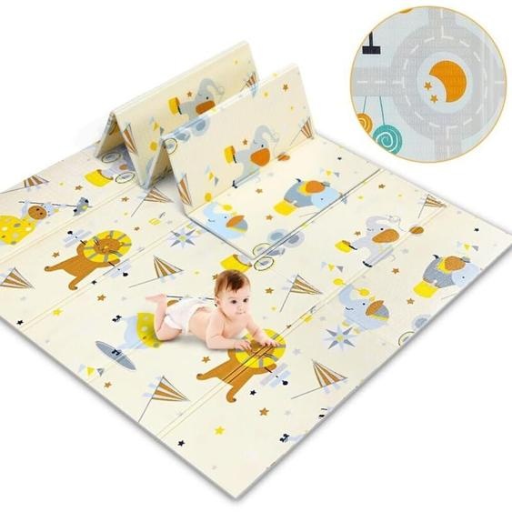 Tapis de Jeu Bébé Réversible 200x180cm, Tapis déveil Enfant Pliable Imperméable Double Face, Matériau xpe, Éléphant+Voiture