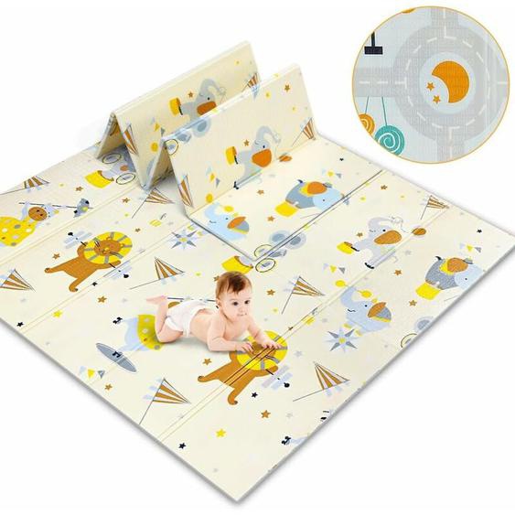 Tapis de Jeu Bébé Réversible 200x180cm, Tapis déveil Enfant Pliable Imperméable Double Face, Matériau xpe, Éléphant+Voiture