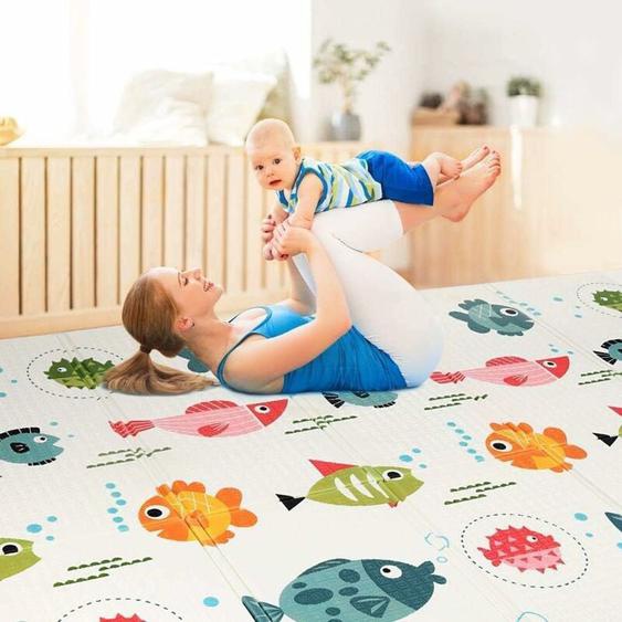 Yoleo - Tapis de Jeu Bébé Réversible 200x180cm, Tapis déveil Enfant Pliable Imperméable Double Face, Matériau xpe, Poissons+Carte