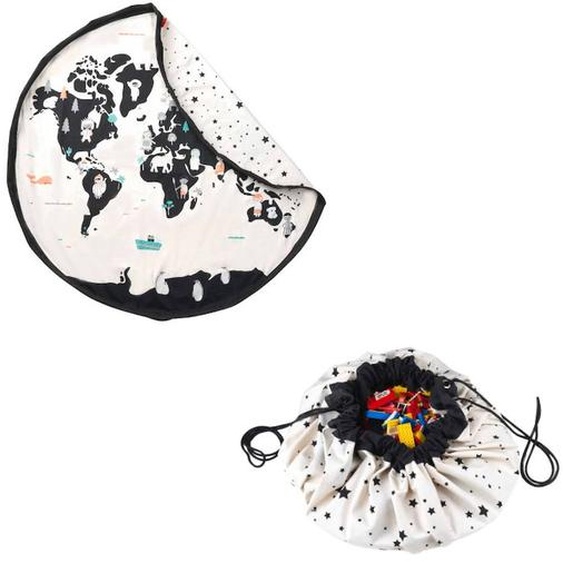 Tapis De Jeu & Sac À Jouets - Worldmap/ Stars Noir & Naturel