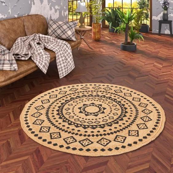Tapis en fibres naturelles Jute fait main Salsa Anthracite Ethno Rond - 120x120 cm