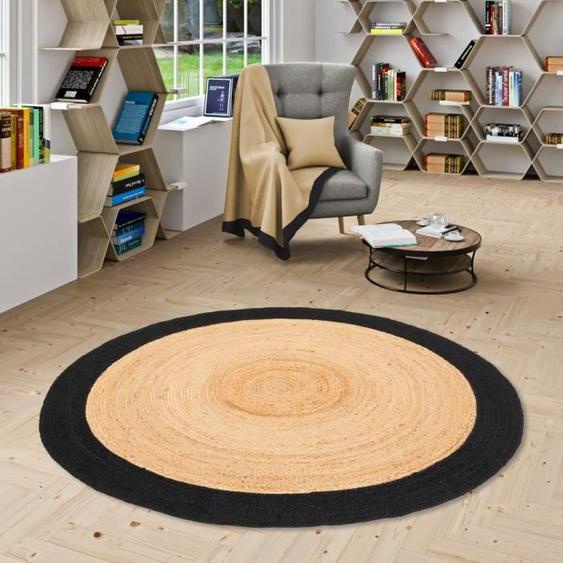 Tapis en fibres naturelles Jute fait main Salsa Noir Bordure Ronde - 100x100 cm