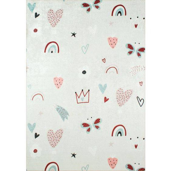 Tapis Enfant Coeur Et Arc En Ciel En Polyester Rose