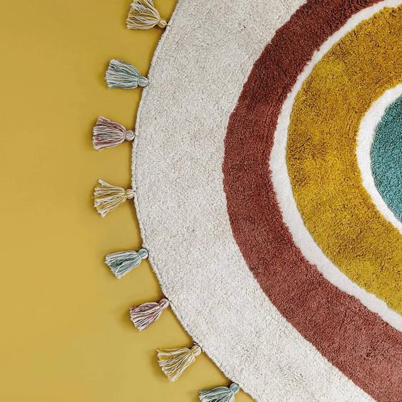 Tapis Enfant Coton Lavable Arc En Ciel Avec Pompons Rainbow Multicolore