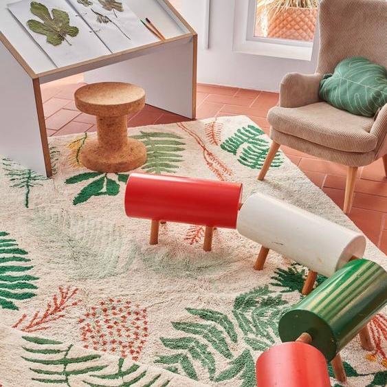 Tapis Enfant Lavable En Coton Botanic Plants Naturel, Vert, Moutarde, Terra