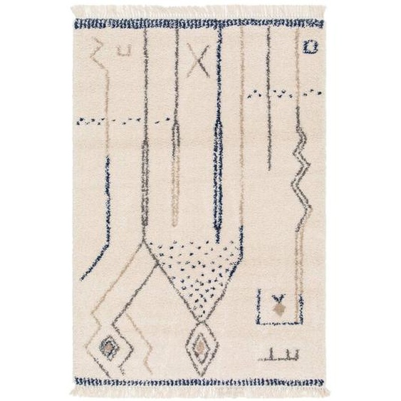 Tapis Épais À Franges Style Ethnique Glyph Bleu Naturel