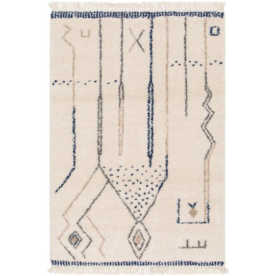 Tapis Épais À Franges Style Ethnique Glyph Bleu