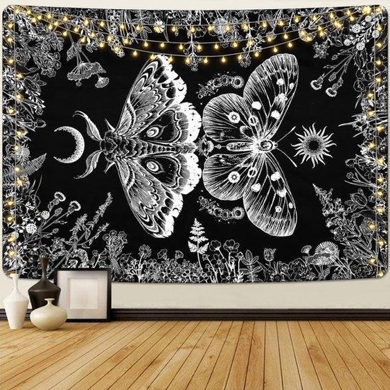 Tapis mural Unyqoos® noir et blanc, avec des motifs de papillons, de soleil et de lune – Polyester, 150 x 130 cm, décoration murale pour chambre à coucher et salon