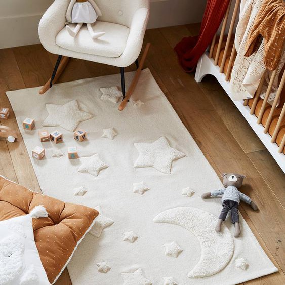 Tapis rectangle relief lune et étoiles beige