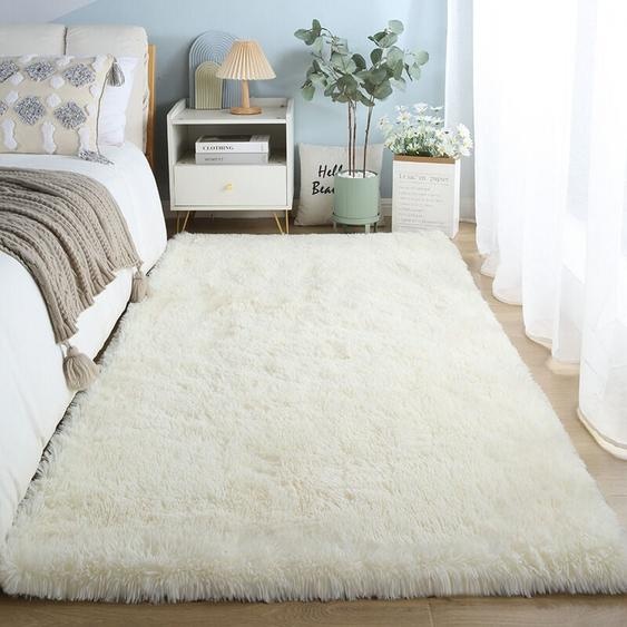 Tapis Salon Shaggy 160 x 230 cm Descente de lit Tapis Poils Longs Blanc Beige Tapis Doux pour Salon Chambre Canapé