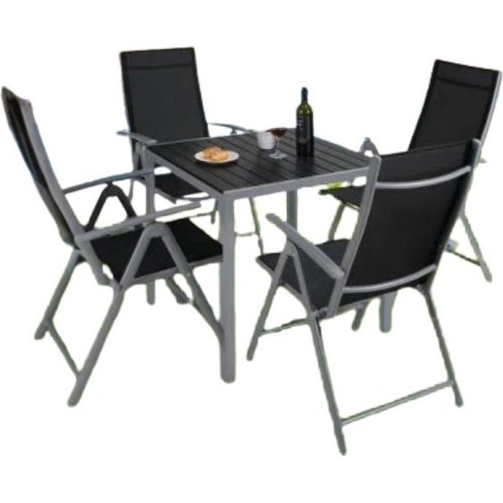 Tavien Ensemble de balcon 5 pièces - Table de jardin & 4 chaises pliantes - Aluminium - Dossier réglable - Balcon, terrasse & jardin - Noir/Argent
