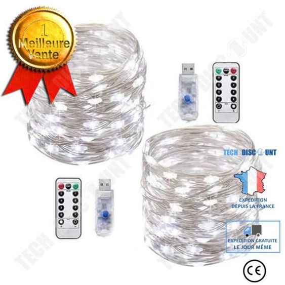 TD® 2 pack de Guirlande lumineuse led USB 20m 200LED fil dargent avec Télécommande , 8 Modes (blanc froid).