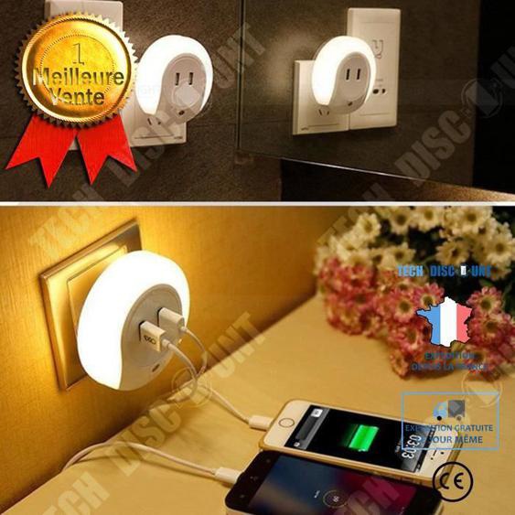 TD® Veilleuse à double Capteur de contrôle de lumière à LED USB/ Lumière Blanche chaude de chevet double chargeur USB