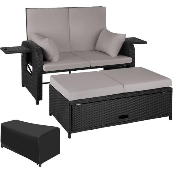 TECTAKE Canapé en rotin CRÈTE Avec cadre en aluminium Convertible Tablettes latérales pliables - Noir/Gris