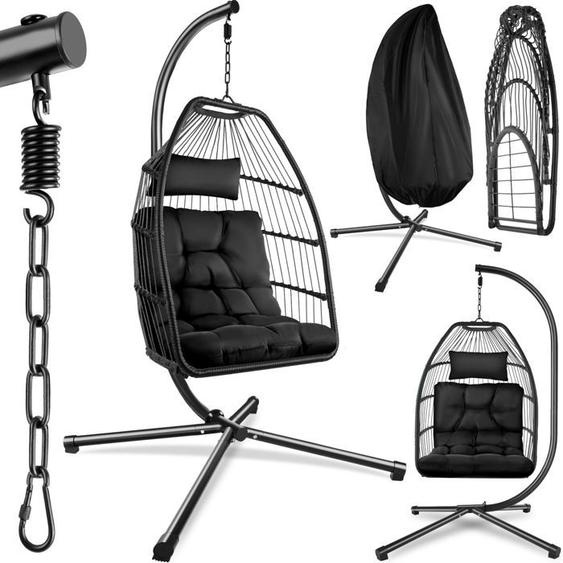HAMAC - TECTAKE - Fauteuil suspendu ARIANE Rotin avec support Coussin Balançoire jusquà 160kg - noir